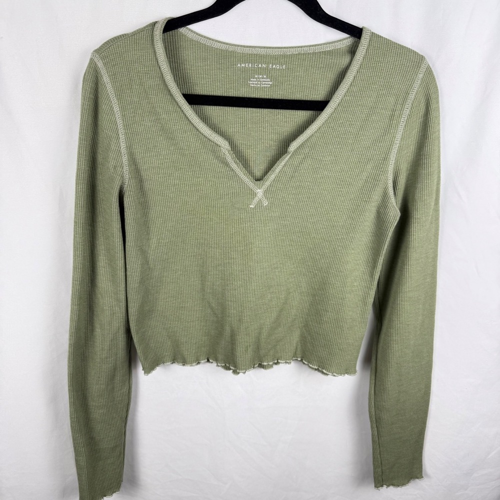 American Eagle Green Cropped Waffle‎ Knit Long Sleeve Shirt Medium Y2K Indie